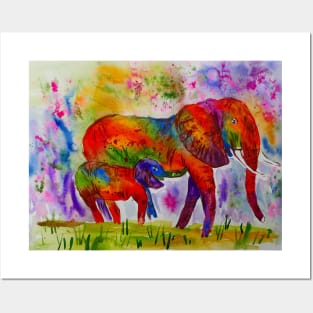 Colourful Mother and Baby Elephants Posters and Art